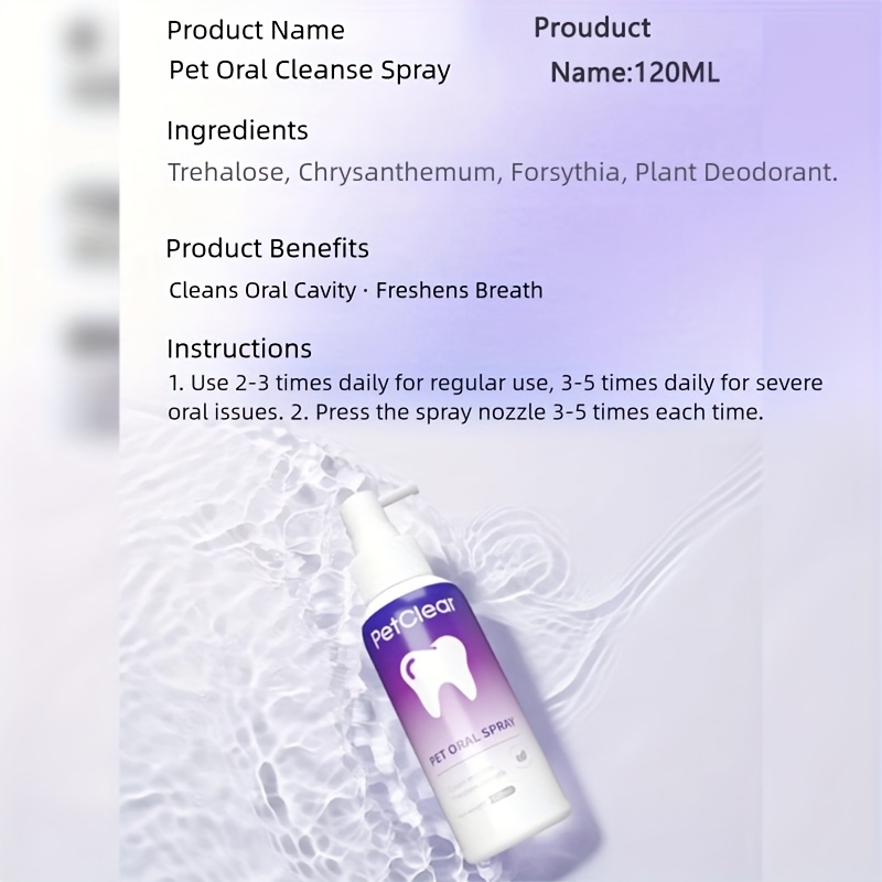 Pet Oral Spray 120Ml Two-In-One / Cleans Teeth And Freshens Breath / Eliminating Odors And Controlling Tartar / Gentle Formula Suitable for Both Cats And Dogs