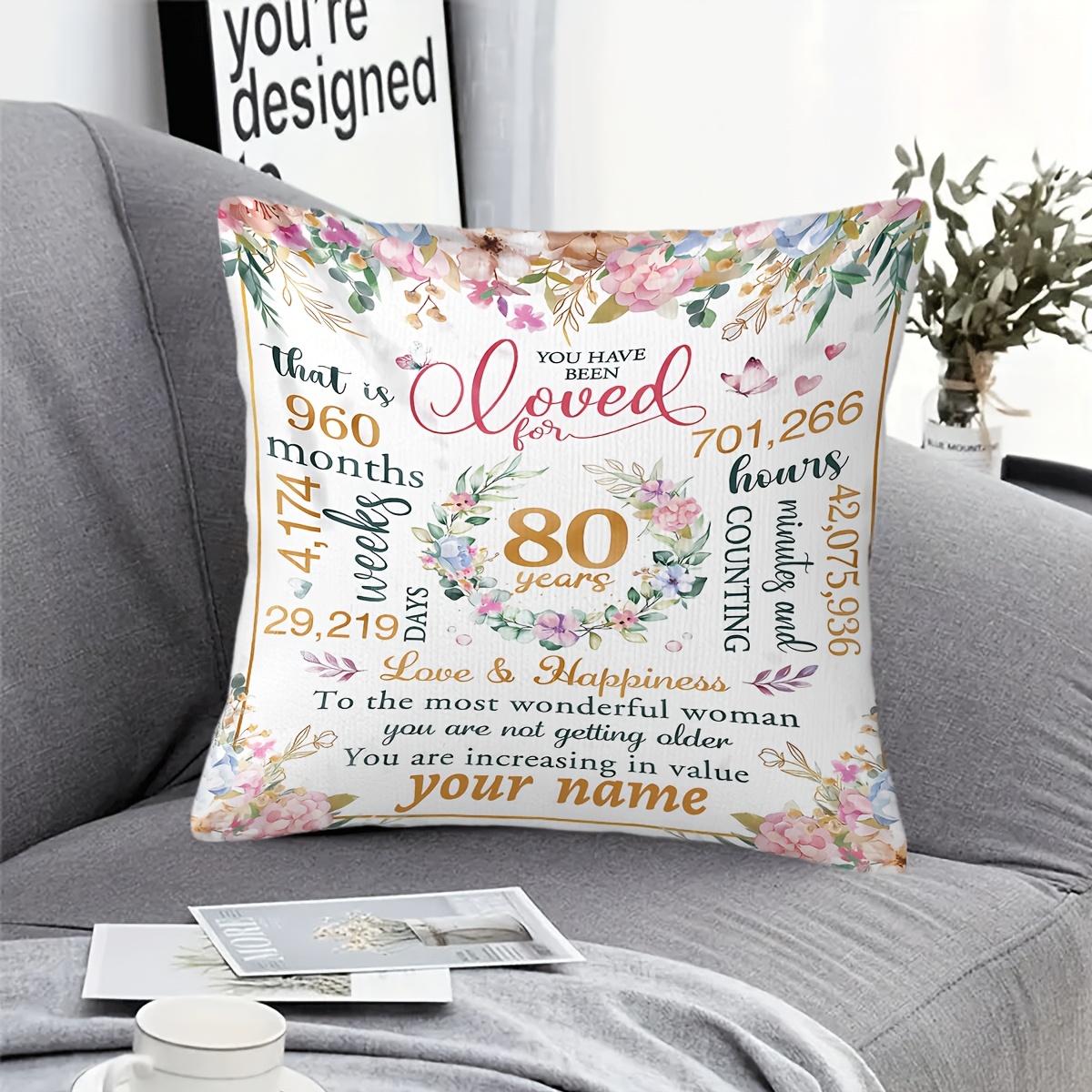 TEMU 1pc, Personalized Text Custom Pillowcase, Birthday Pillowcase For 80th Birthday, Pillow Cover, Sofa Cushion Cover, Single-sided Print (excluding