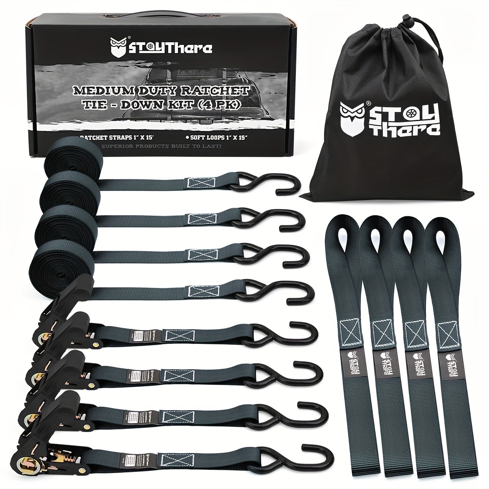 

Stay There Ratchet Tie Down Straps, Ratchet Straps With S Hook - For Securing Motorcycle, Kayak, Truck, Trailer And Boat Lawn Equipment