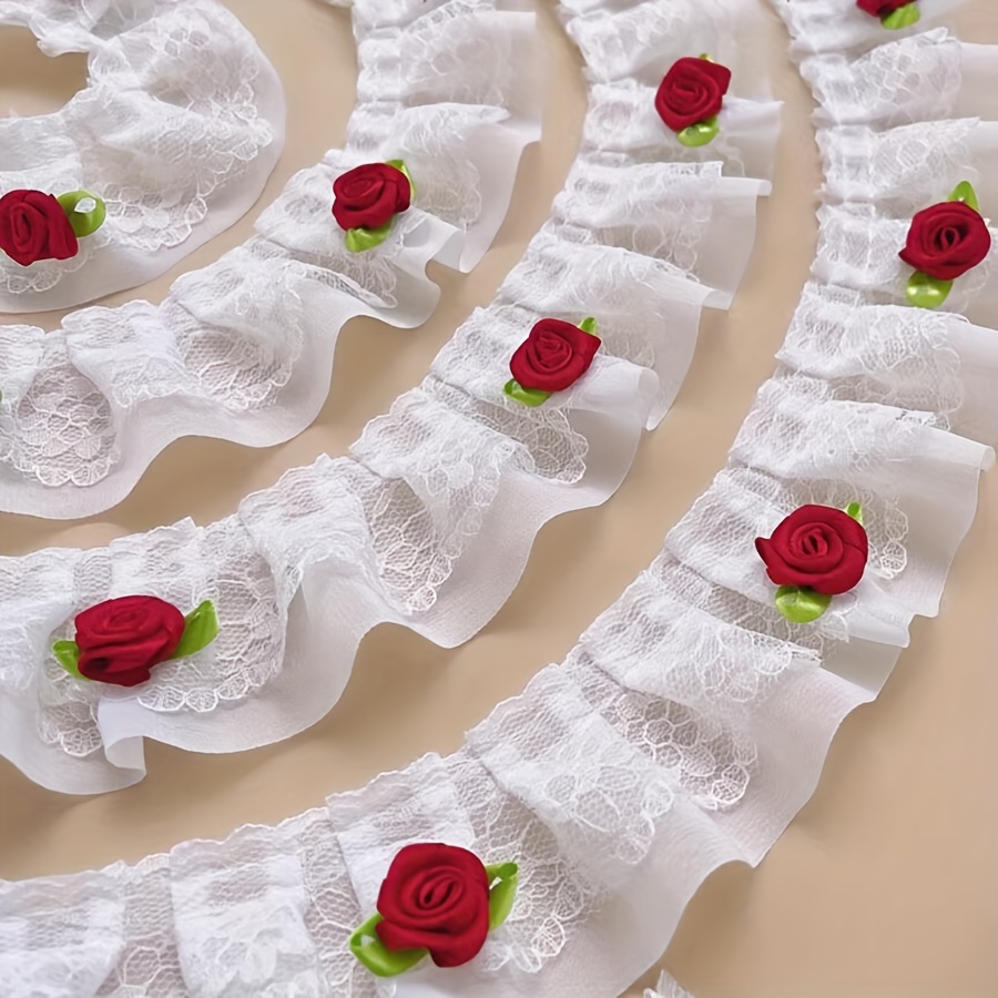 

White Lace Ribbon With Red Roses - Dressing Up Your Outfits Or Crafts