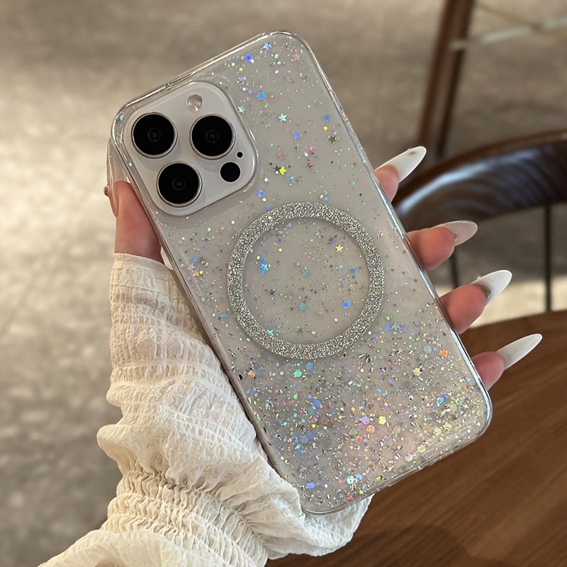 

Stylish Glitter Sequins Magnetic Epoxy Clear Phone Case For 15 14 Plus 11 Xm Xr Xs X Transparent Shockproof Back Cover