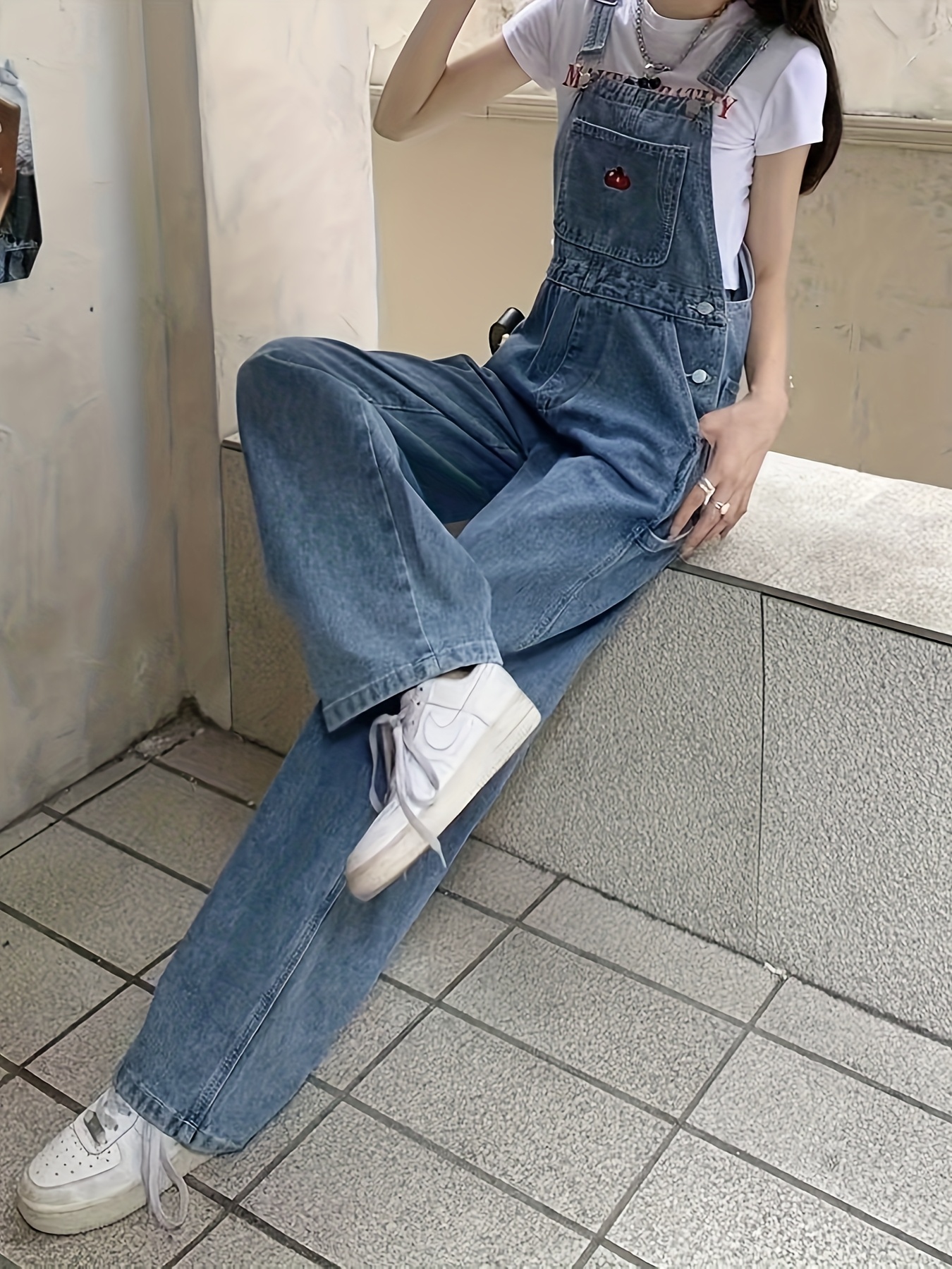 womens non stretchy denim like overalls jumpsuit loose Temu