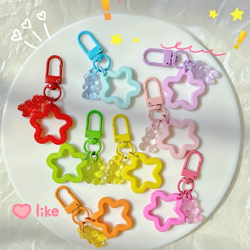 

Set/8pcs, Small Bear Keychains With Pentagram Acrylic Charms. Perfect For Party Favors, Phone Charms, Resin Pendants, Colorful Bag Accessories, And Gifts.