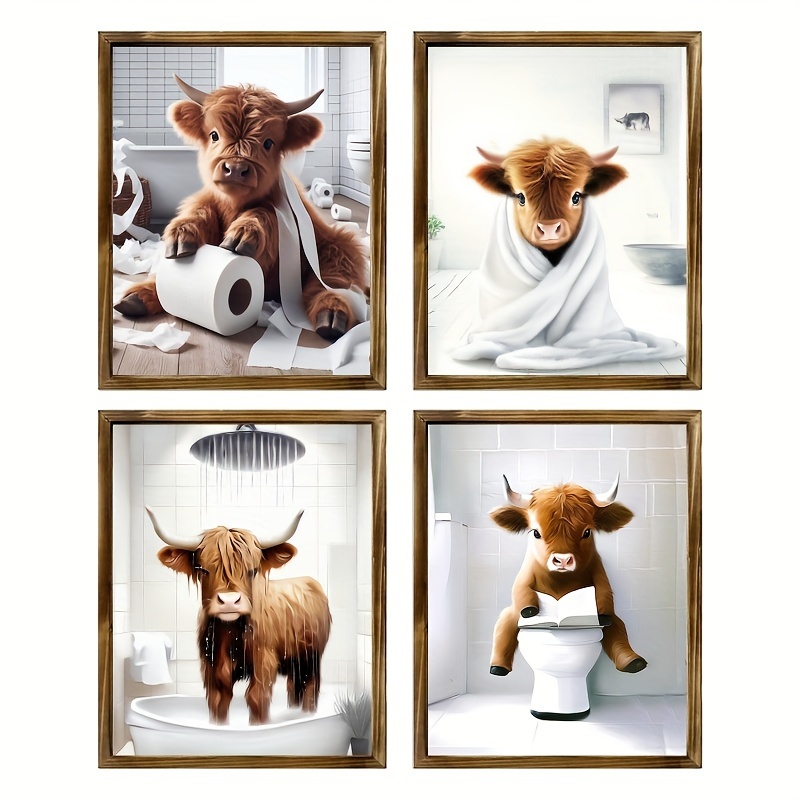 

4pcs, Wall Art Prints Decor, Highland Cow Funny Animal, For Rustic Farmhouse Bathroom, Unframed