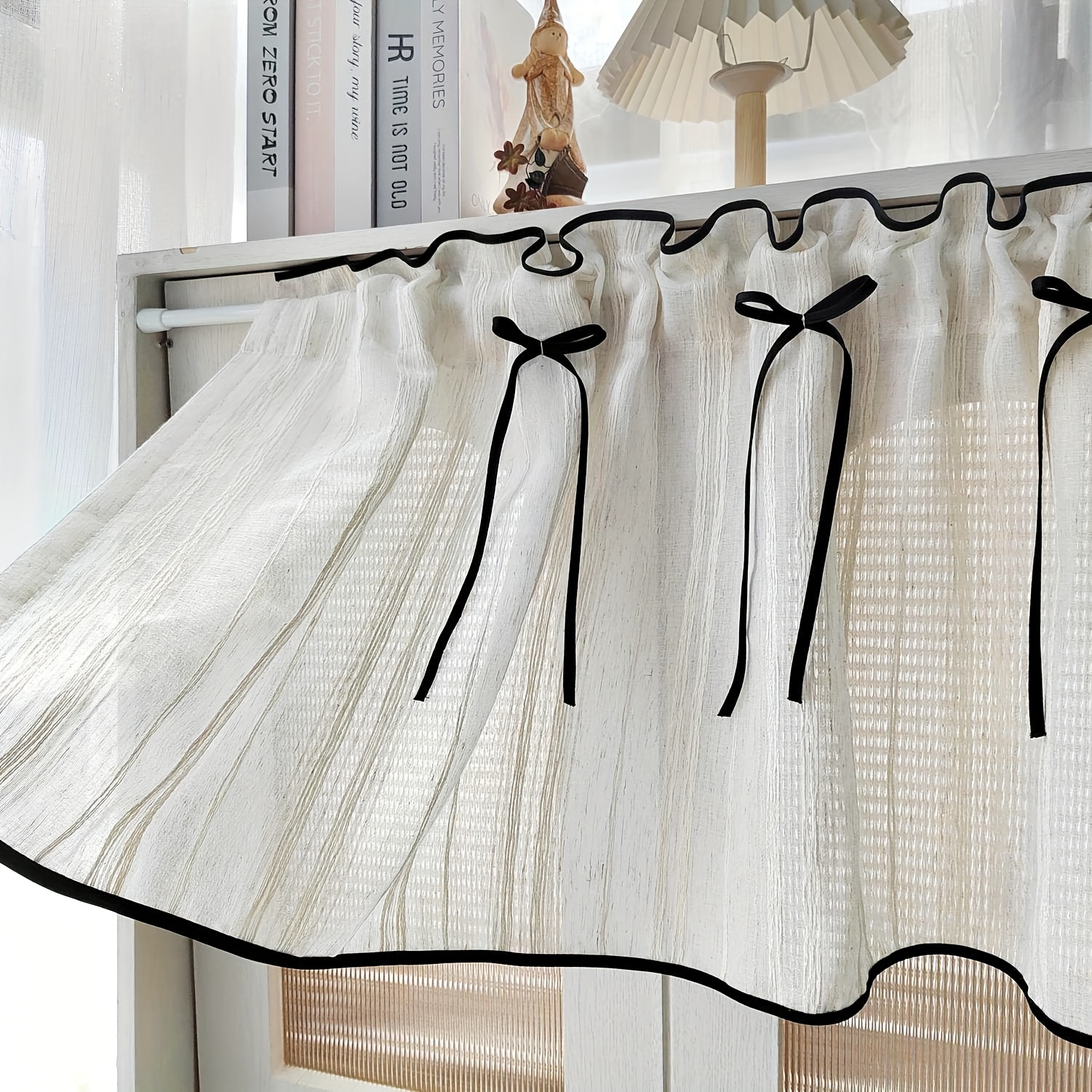 1pc, Japanese Retro Striped -like Coffee Curtain, Bow Decor Short Drapes, Suitable For Kitchen, Cabinet, Living Room, Farmhouse, B& Decor