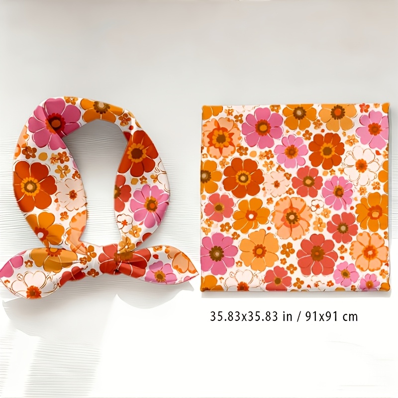 TEMU 1pc 35-inch Vintage Orange-pink Floral Bandana Scarf Suitable For Daily Wear, Music Festivals, Beach & Ethnic Outfits - Breathable Square Wrap