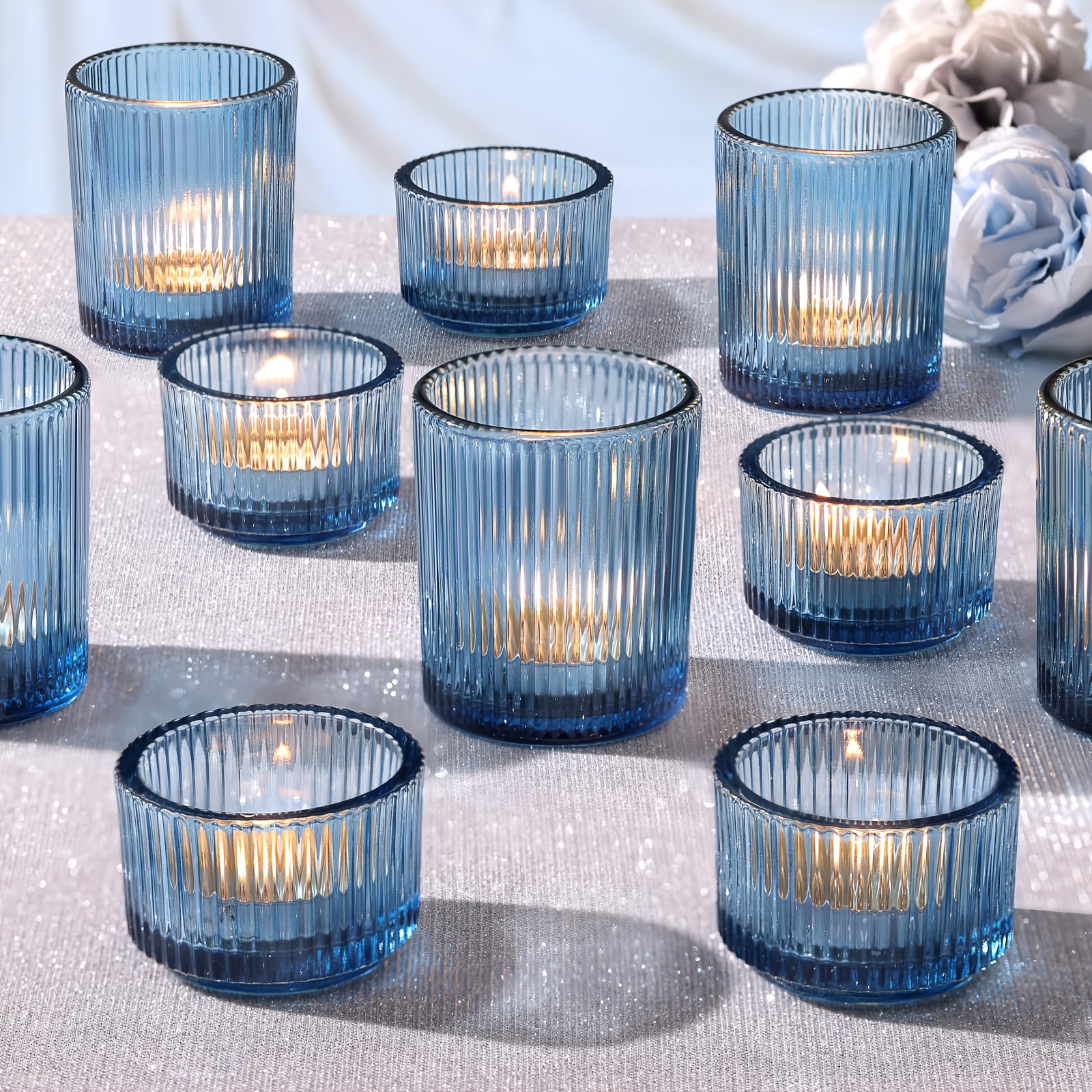 TEMU 10 Stk. blaue Glas-Votivkerzenhalter, geeignet für Tisch-Mittelstücke, Hochzeits- & Partydekorationen – --Glas-Teelichthalter mit