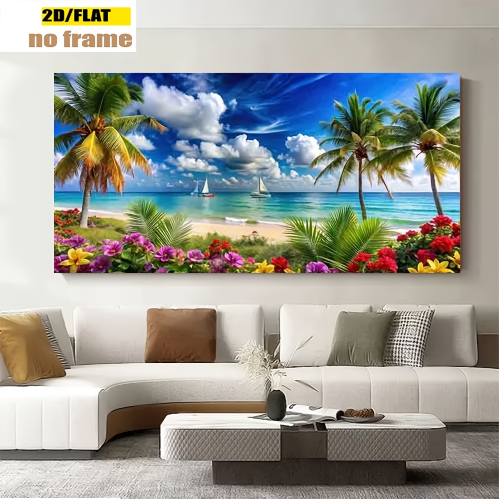 TEMU 2d Flat, 2d Flat, 2d/flat, 1pc Frameless Tropical Beach Scene With Palm Trees, Sailboats, And Colorful Flowers Suitable For Home, Bedroom,