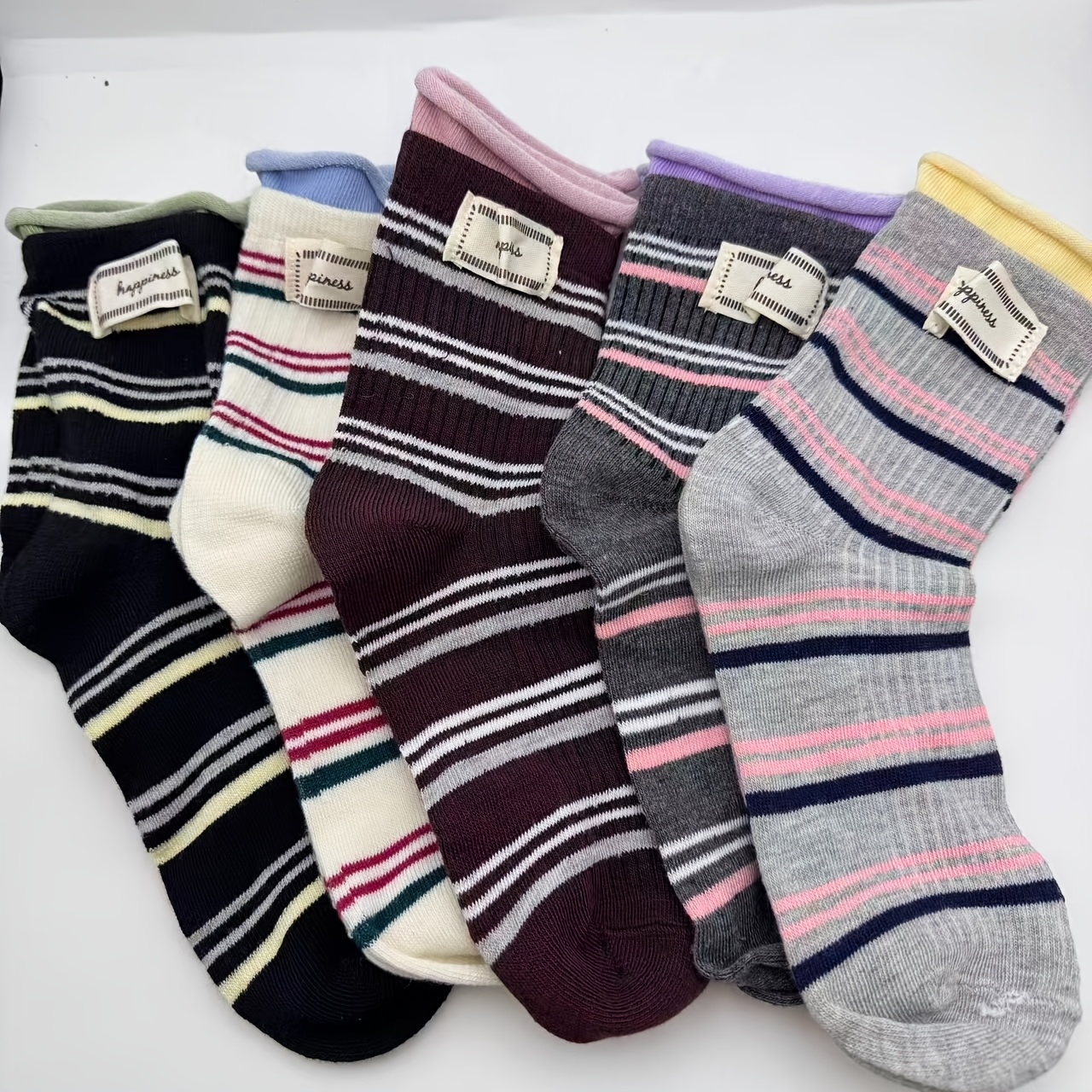 TEMU 5-pair Versatile And Fashionable Autumn/winter Striped Fabric Label Women's Mid-calf Socks, 5-pair, With Letter Fabric Label , Everyday Casual