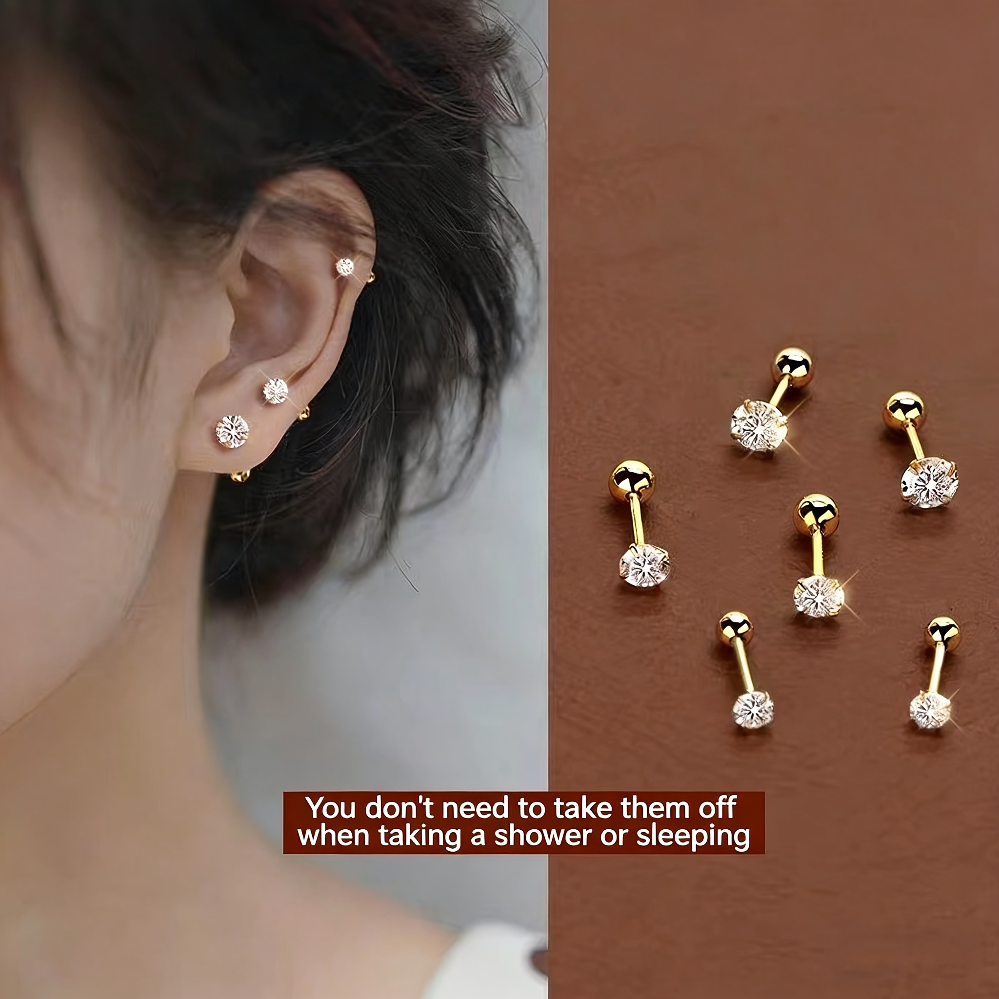 TEMU 3 Paires de Boucles d'Oreilles à Clous 3/4/5Mm , Bijoux d'Oreilles Polyvalents pour Femmes, Adaptés aux Mariages, Fêtes, Cadeaux de Fêtes, Usage