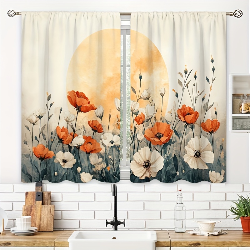 TEMU 2pcs Orange And White Watercolor Illustration Kitchen Curtains Small Short Cafe Window Curtains Rod Pocket Bathroom Window Drapes Tier For Room