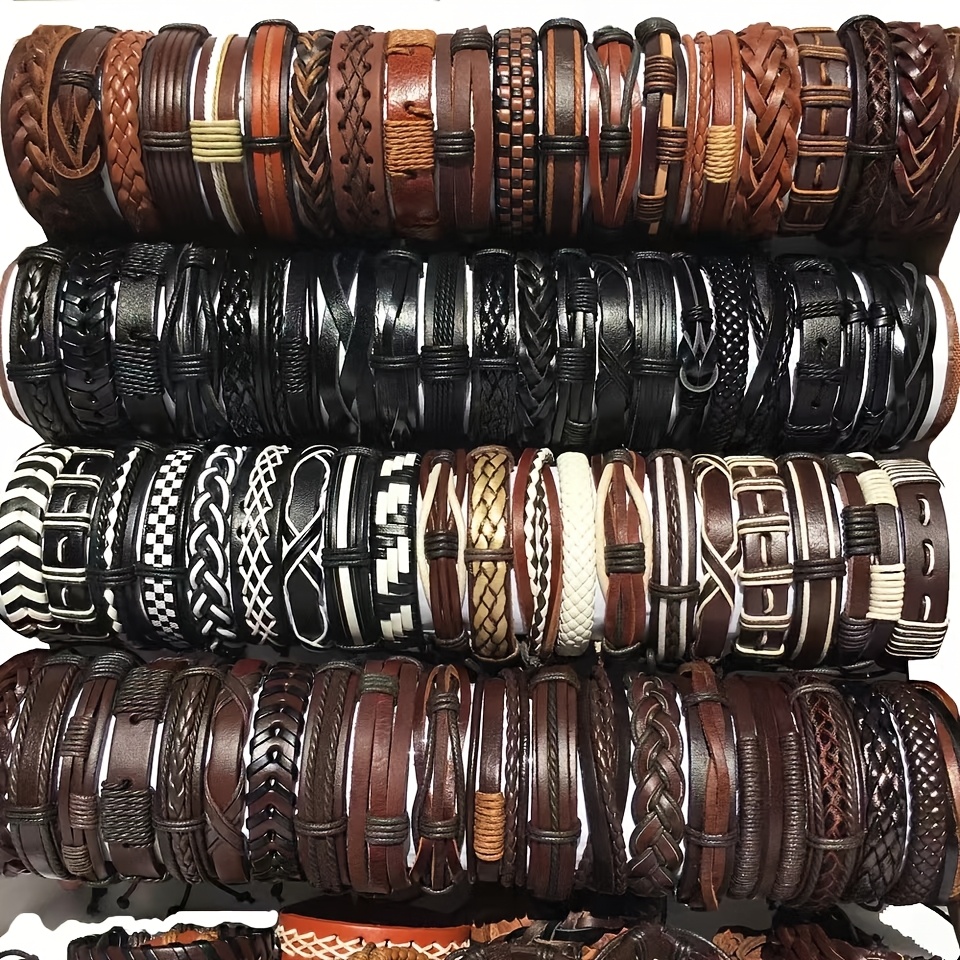 

10pcs Vintage Style Men's Bracelet Set - Assorted Handmade Leather & Wax Wire Wristbands - Non-plated Fashion Accessories