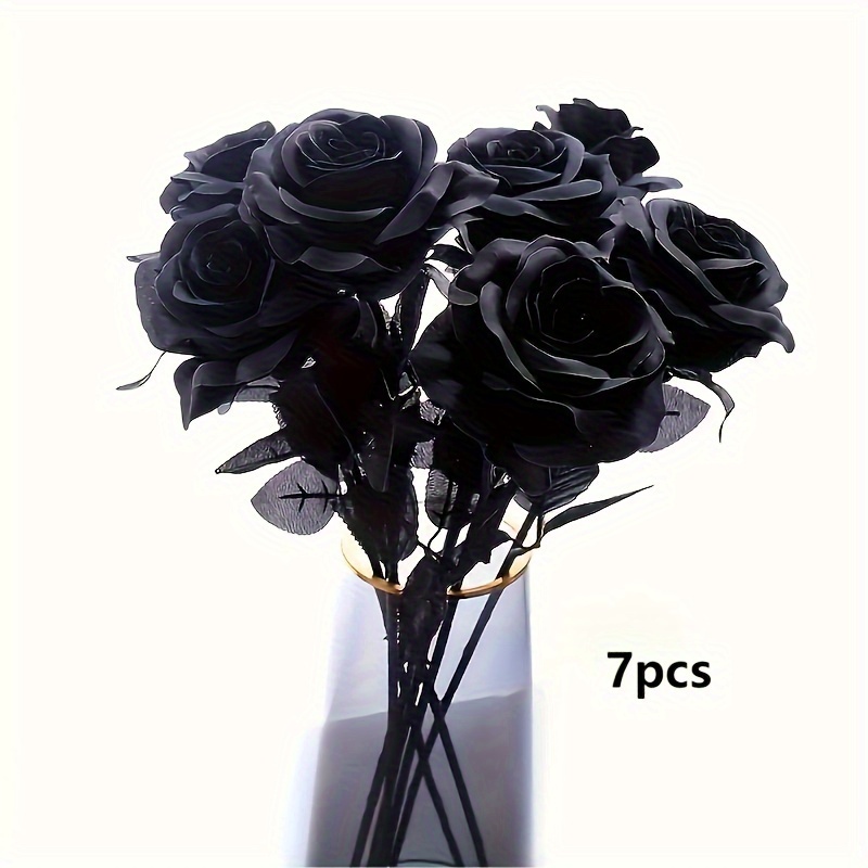 

7pcs Black Artificial Roses - Faux Silk Creepy Bouquet For Home Decor, Office, Hotel - Lifelike Tabletop Floral Arrangement For Christmas, - Fabric Roses Without Container