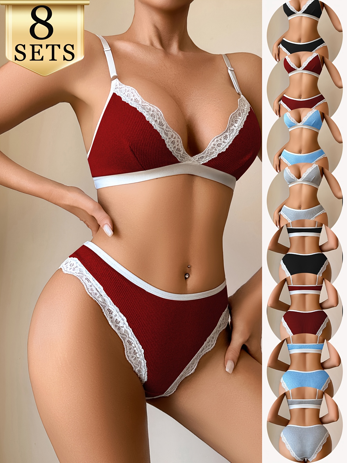 16-delige Sexy Deep-V Elegante Kanten Dames BH Set Verstelbare Bandjes, Zacht en Comfortabel, Ademend Lichtgewicht Materiaal BH en Slips in Effen Kleuren, Huidvriendelijk en Nauwsluitend Perfect voor Casual Dagelijks Gebruik