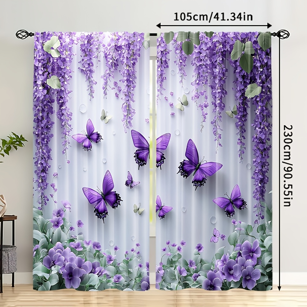 TEMU 2pcs, Beautiful Butterflies Pattern Curtains, Purple & Chrysanthemum, Extra Large Fabric, For Living Room, Kitchen And Bedroom Decoration,