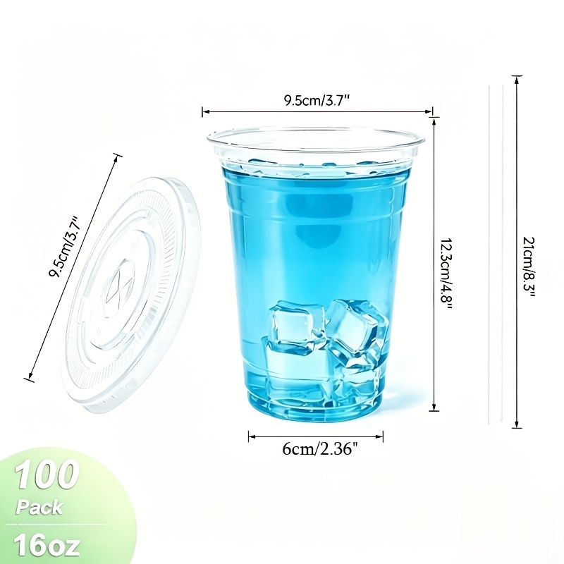 100 Pack Disposable Clear Plastic Cups, 16/20/24oz Iced Coffee Cups With Flat Lids & Clear Straws, Bpa-free Cold Drink Cups For Smoothie, Juice, Milkshake, Tea, Use