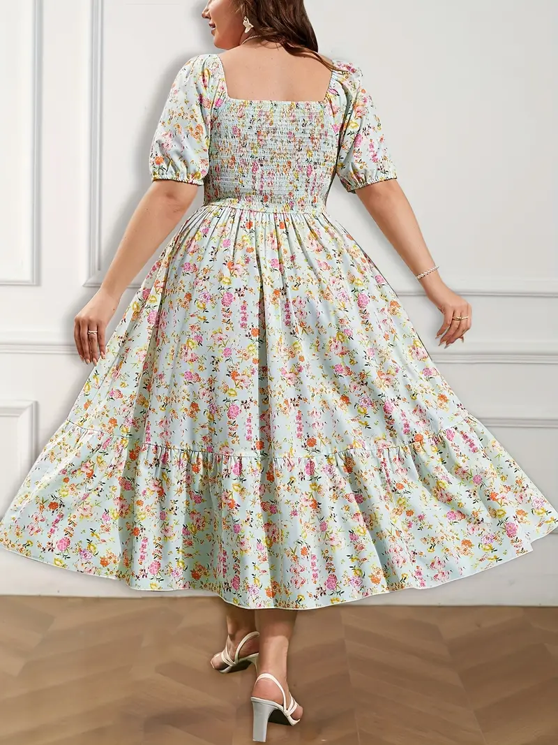 Plus Size Floral * Neck Short Sleeve Dress - Lightweight Machine-Washable Fitted Midi Dress with Adjustable Waist Tie for Women, Elegant Spring Summer Fall Vacation Resort Wear, Seasonal Fashion * * ... Plus Size Floral * Neck Short Sleeve Dress - Lightweight Machine-Washable Fitted Midi Dress with Adjustable Waist Tie for Women, Elegant Spring Summer Fall Vacation Resort Wear, Seasonal Fashion * * ...