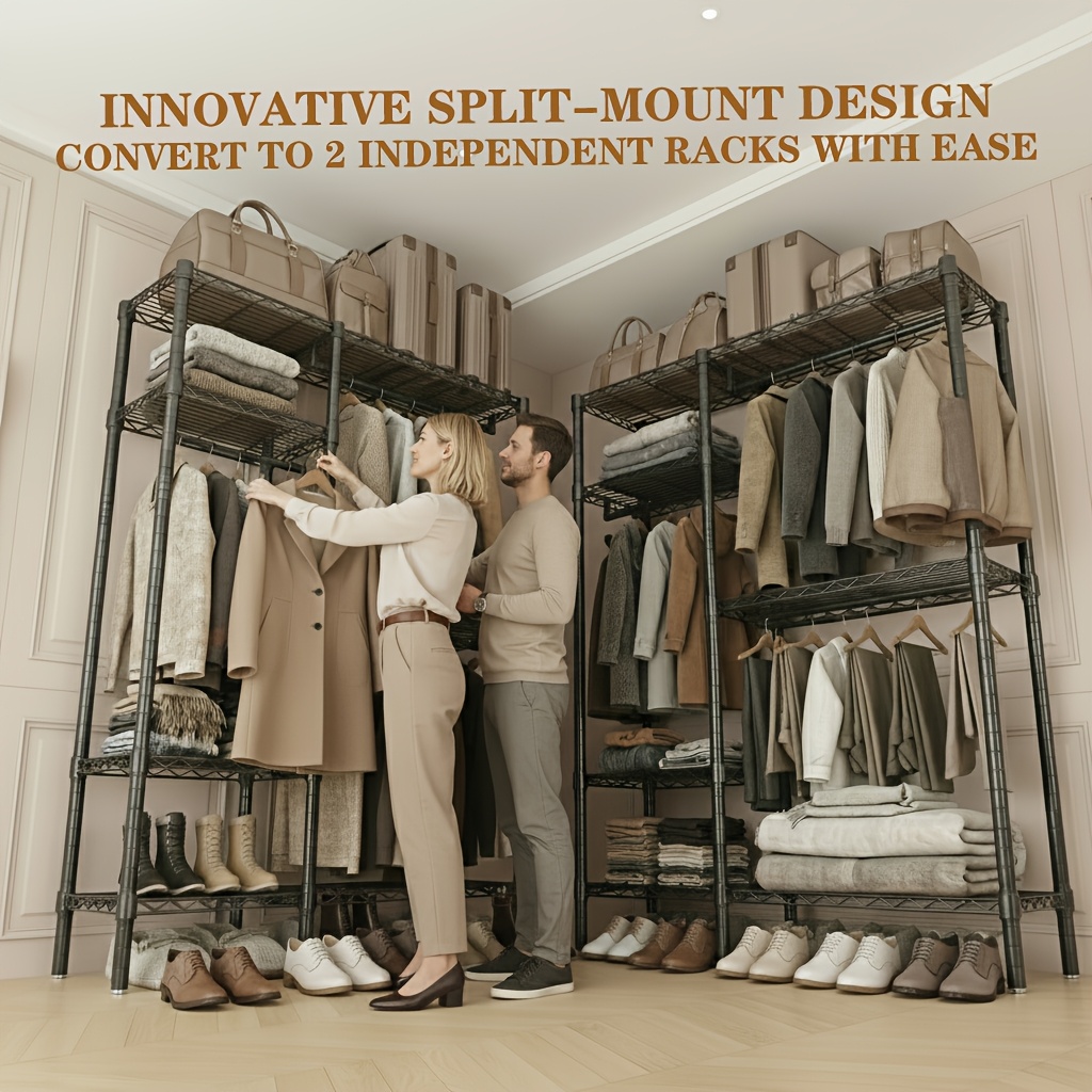 Versatile Modular Clothing Rack, Suitable For Commercial Use, Metal Construction, Closet Organizer, Unique Split Design Allowing 2 Separate Racks, Includes Shelves And Hanging Rods
