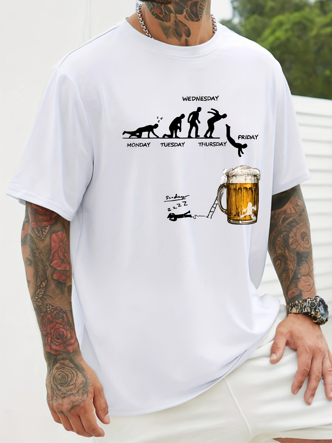 Men'S Funny Beer Lover Graphic T-Shirt - Navy Blue Casual Tee with Monday to Friday Schedule Design - Soft Breathable Everyday Shirt for Office & Parties - Ideal Birthday Gift for Dad, Husband, Boyfriend - Plus Size Available, Party Attire, Humorous Design, Comfortable Fit, PLUS SIZE