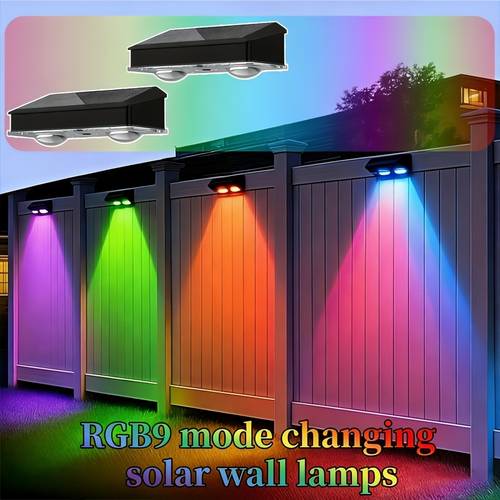 lot de 2 lampes solaires rvb pour clôture, adaptées extérieurs ; appliques murales solaires dextérieur ip44 ; lampes solaires pour clôture de jardin, adaptées aux patios, cours, , portails, terrains et décorations de noël