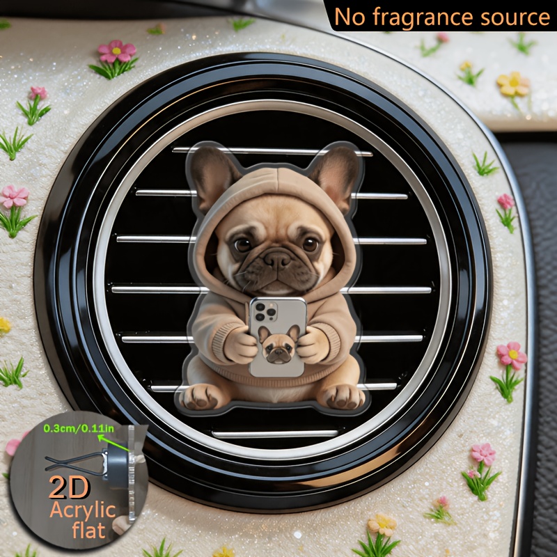 TEMU 2d Flat, 1pc 1pcs French Bulldog Pattern Wearing Sweatshirt And Browsing Phone Cute Reusable 2d Flat Acrylic Car Air Freshener, Car Vent Car