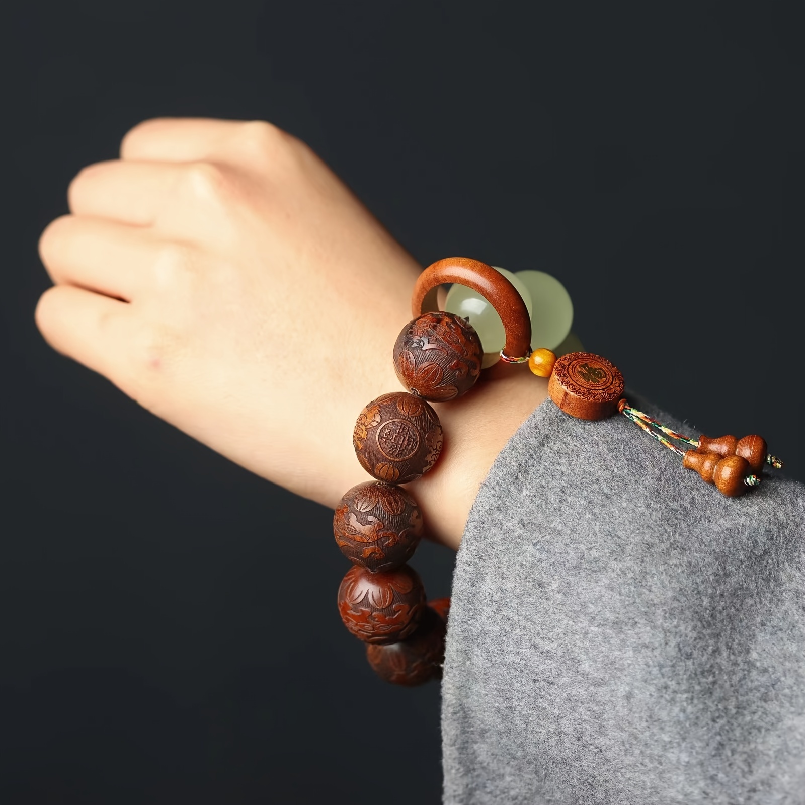 sandalwood pear wood carved luminous beads string with fortune words retro style handcrafted prayer beads for men spiritual gifts meditation accessories jewelry Product details 6