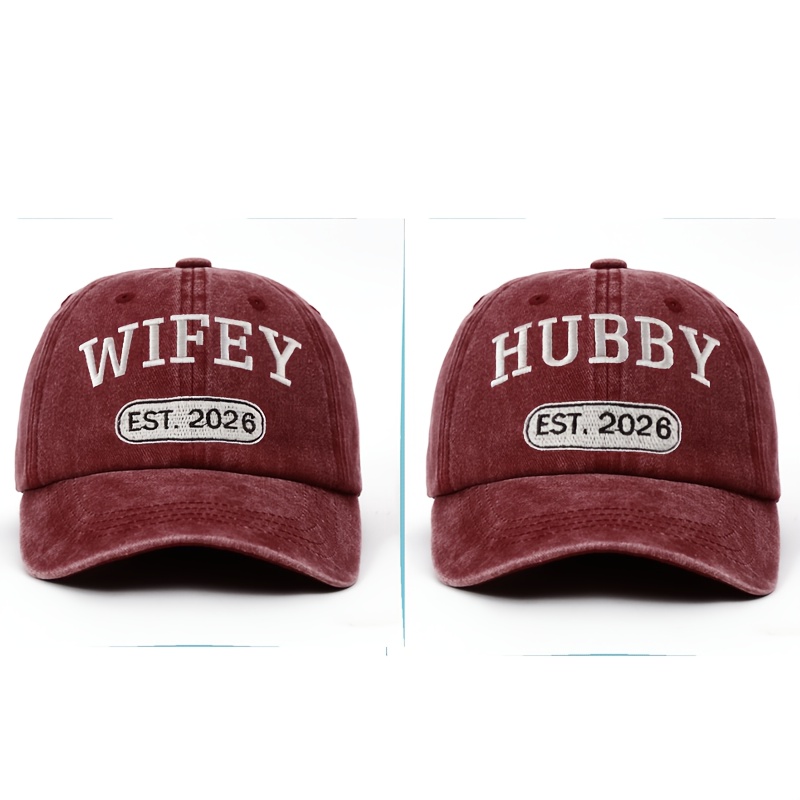 TEMU 2pcs Unisex Fashion Embroidered Baseball Caps, Featuring White Embroidery Of "wifey/hubby+2026" To Highlight Couple Vibes. Perfect For Street