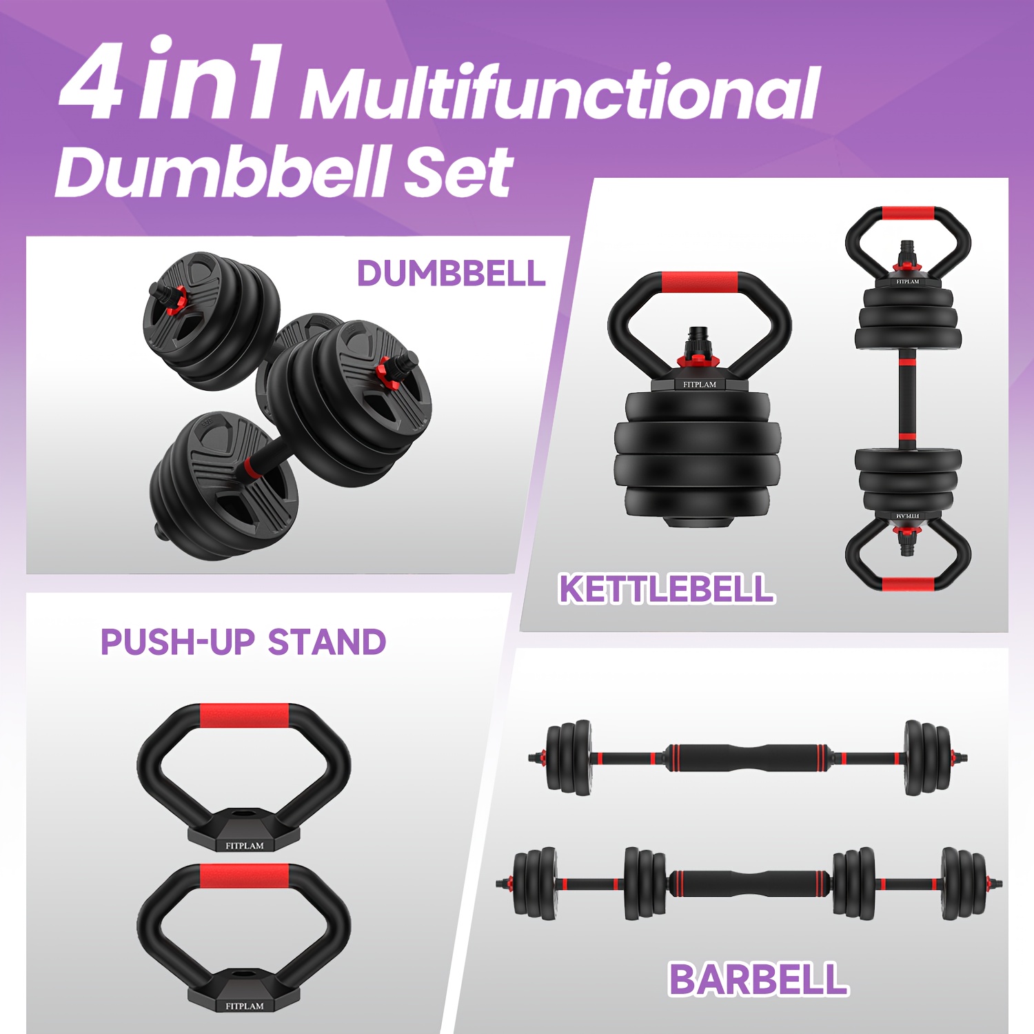 FEIERDUN 20-90lbs Adjustable Dumbbell Set - 4-in-1 Convertible Free Weights for Home Gym | Barbell/Kettlebell/Push-Up Stand with Secure Locking Nut, Black, Red