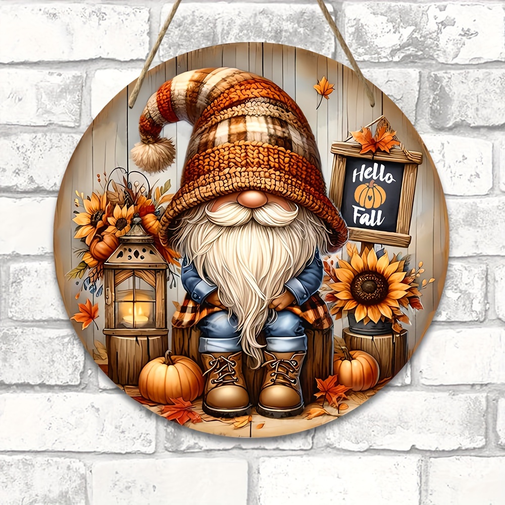 

Festive Gnome Hello Fall Sign - 7.9"x7.9" - Multi-purpose Wall Hanging - English Language - Perfect For Home, Garden, Kitchen, Bar, Or Porch Decor