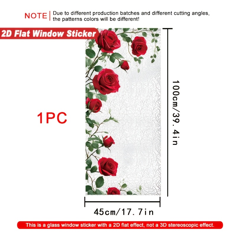 TEMU Film de confidentialité 2D plat, 1 pièce avec roses rouges et feuilles - Autocollant , panneaux en PVC transparent 3 mil pour miroirs, portes de