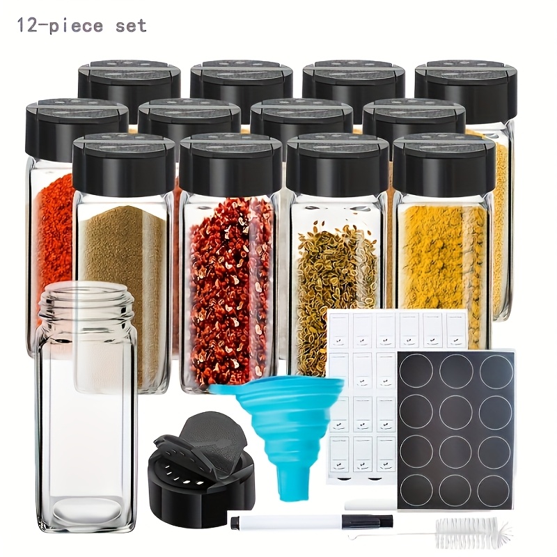 TEMU 12/24 barattoli di vetro per spezie con etichette scritte a , da 4 oz per condimenti, coperchi shaker , contenitori vuoti per spezie, imbuto e