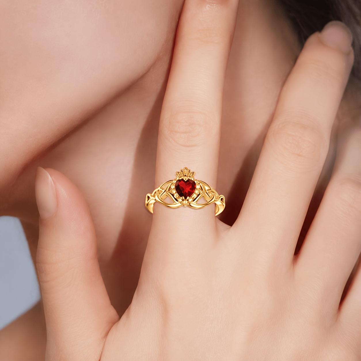 Claddagh Style Heart-Shaped Red Zirconia Ring
