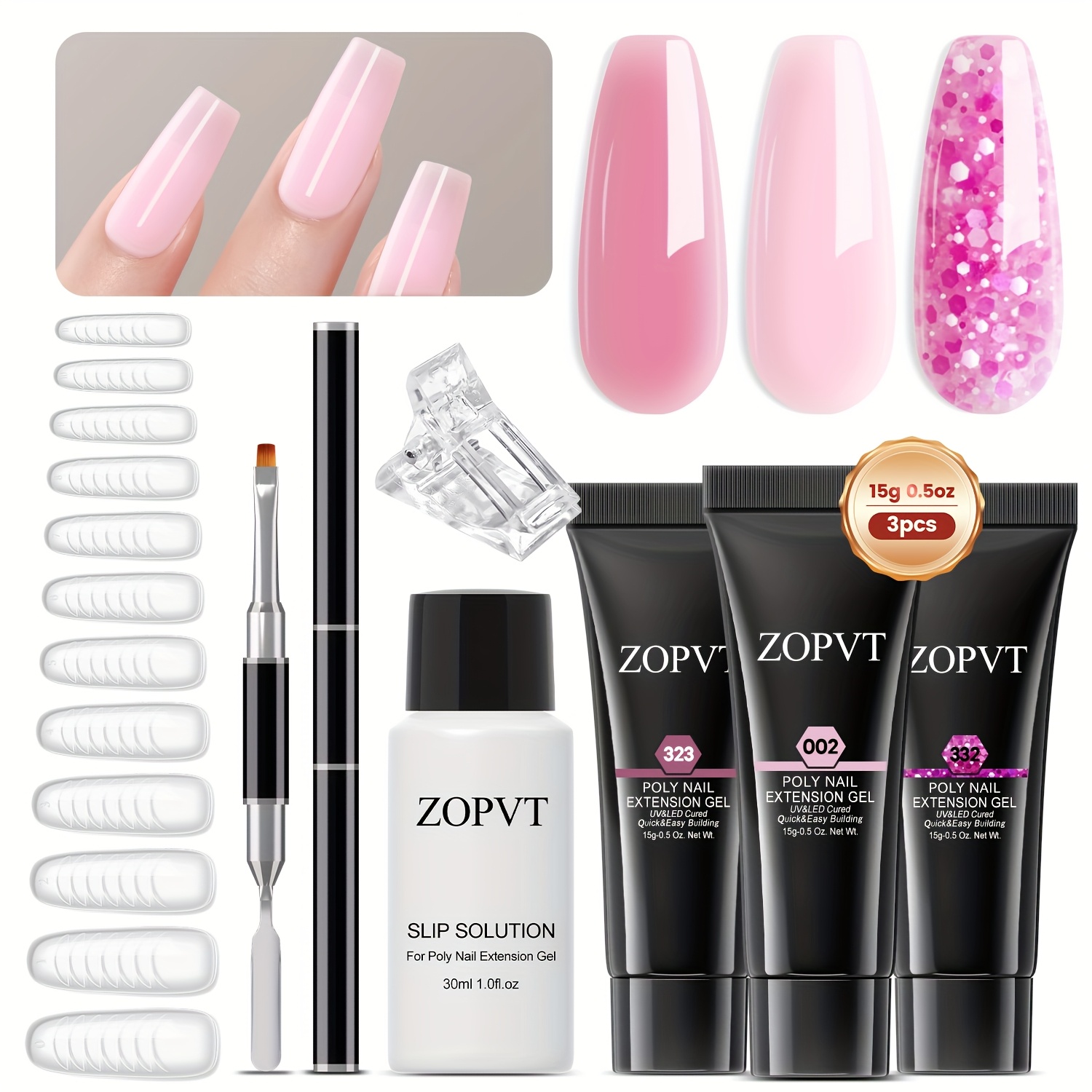 Image of 3-color Gel Nail Enhancement Kit With Sliding Solution, Double Nails, Nail Clips, Suitable For Multi-gel Nail Extension Kit, Suitable For Home Manicure