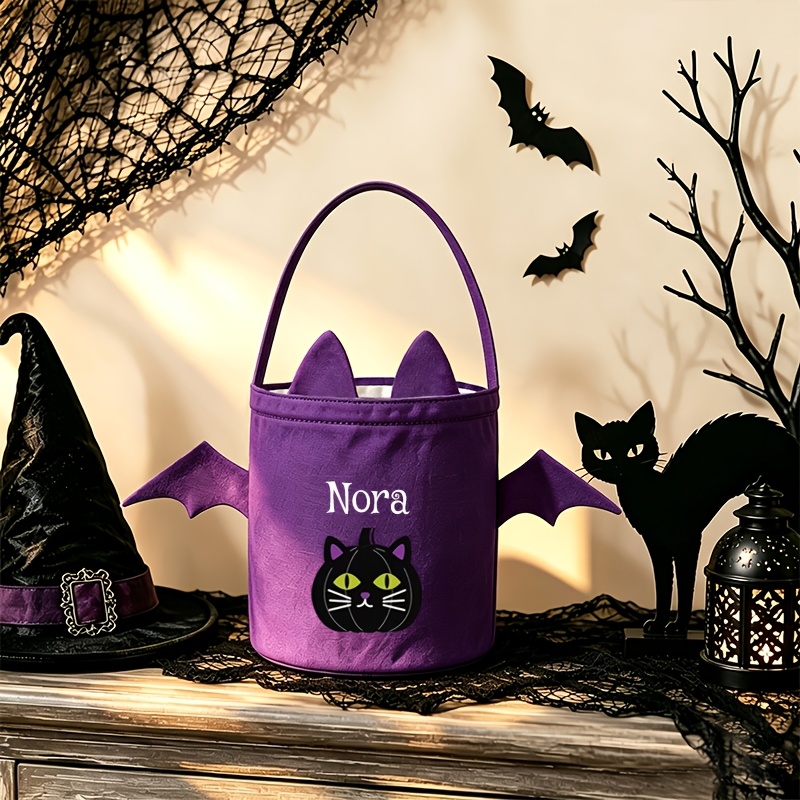 TEMU 1pc Women's Handbag Customization, Personalized Text Custom Handbag, Orange, Purple, Black Available, Halloween Theme Print, Bat-shaped Women's