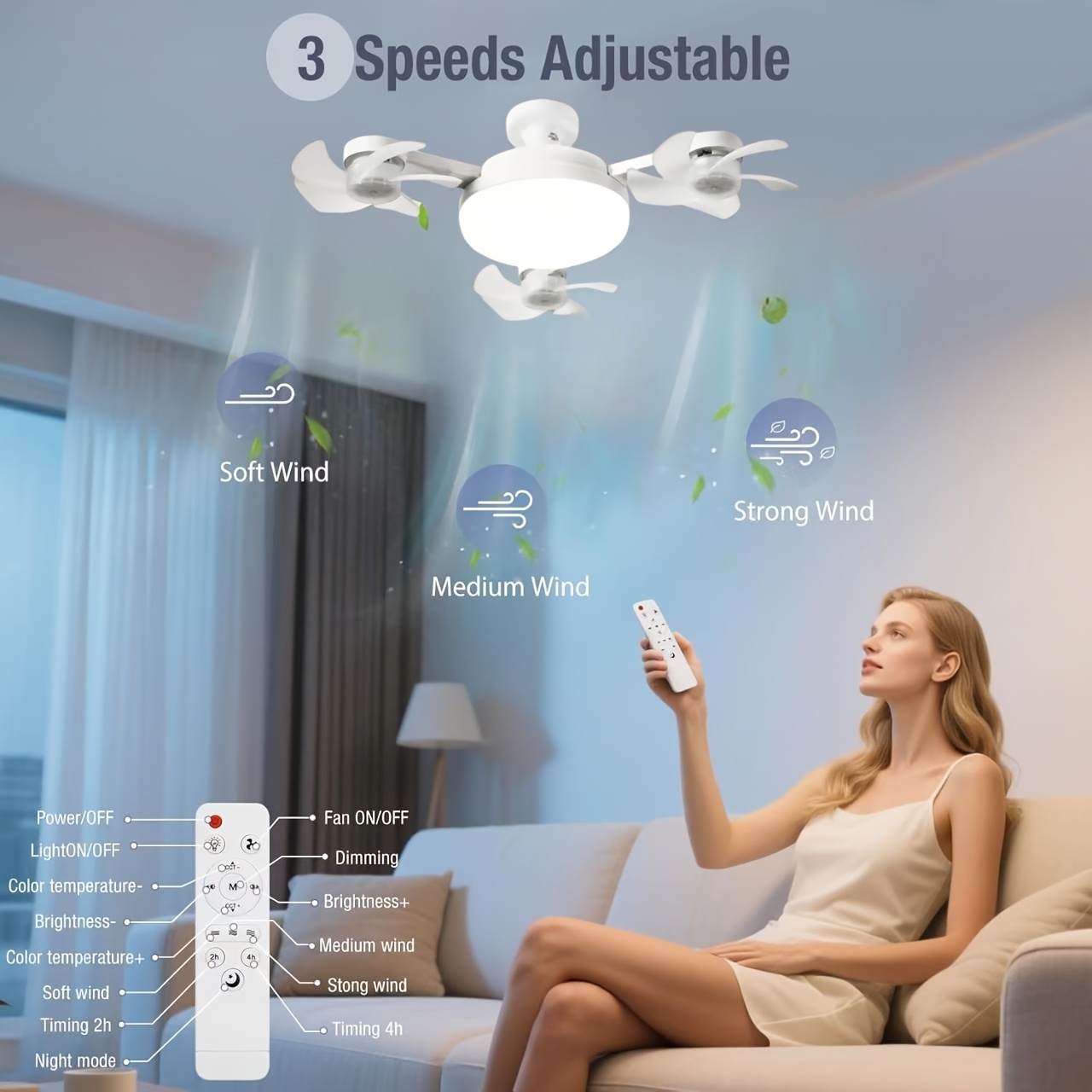 2025 new ceiling fan light with angle adjustment dimming for color temperature three wind and a timing night light mode suitable for living such as family kitchens living rooms bedrooms bars and shops Product details 2