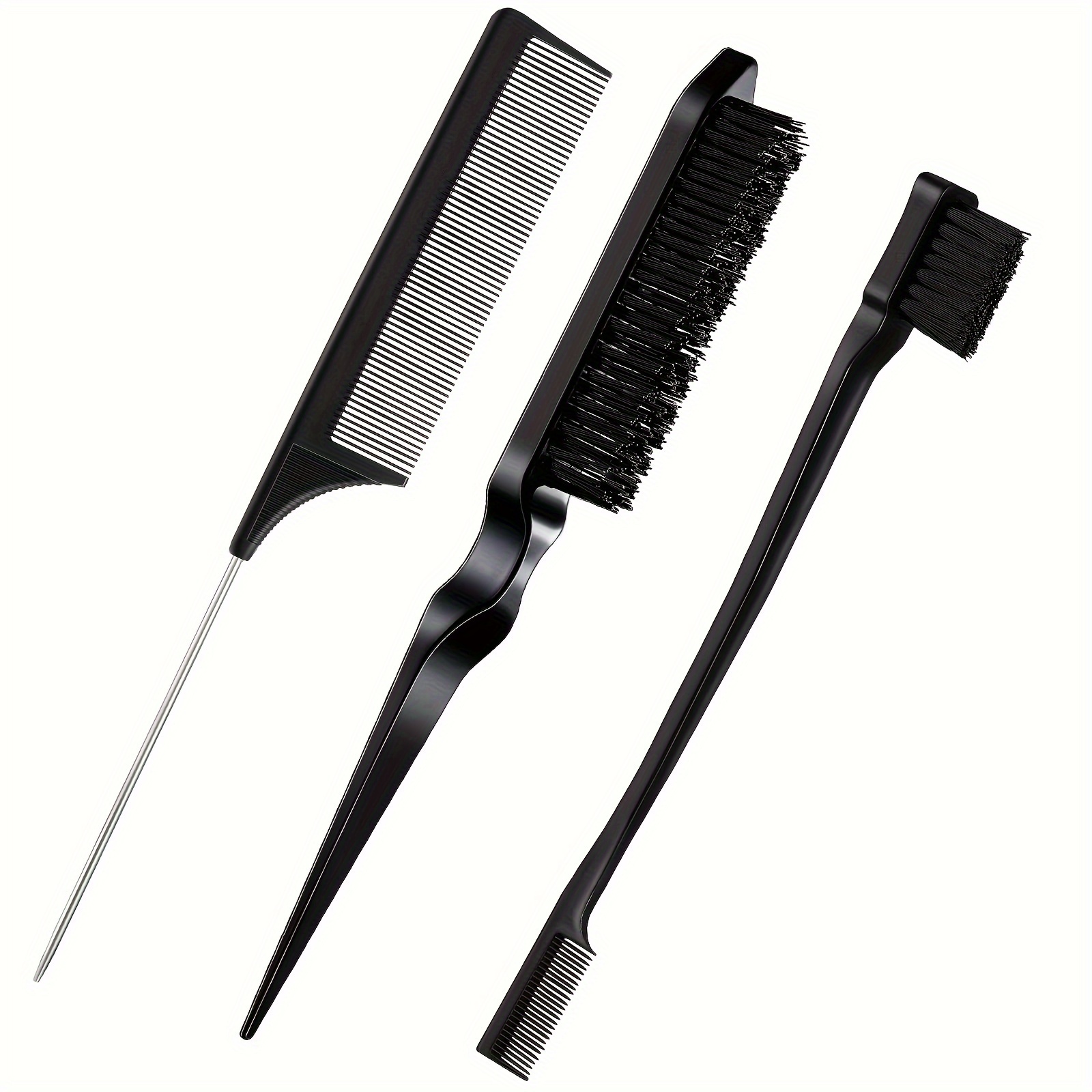 

1/3 de brosses la : Brosse à dos lisse, brosse à poils durs, brosse de des bords, peigne , cheveux noirs.