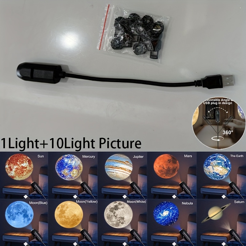 Lámpara Proyector LED USB de Planetas, Proyecta Imágenes de 10/6/3, Luz Giratoria de 360 Grados, Techo, Regalo, Decoración de Habitación, Fondo Fotográfico, Proyectando Imágenes de la Tierra, Marte, Júpiter, Mercurio, Sol, Saturno, Nebulosa, Gris, Amarillo, Azul, Luz de Estudio - Imagen 7