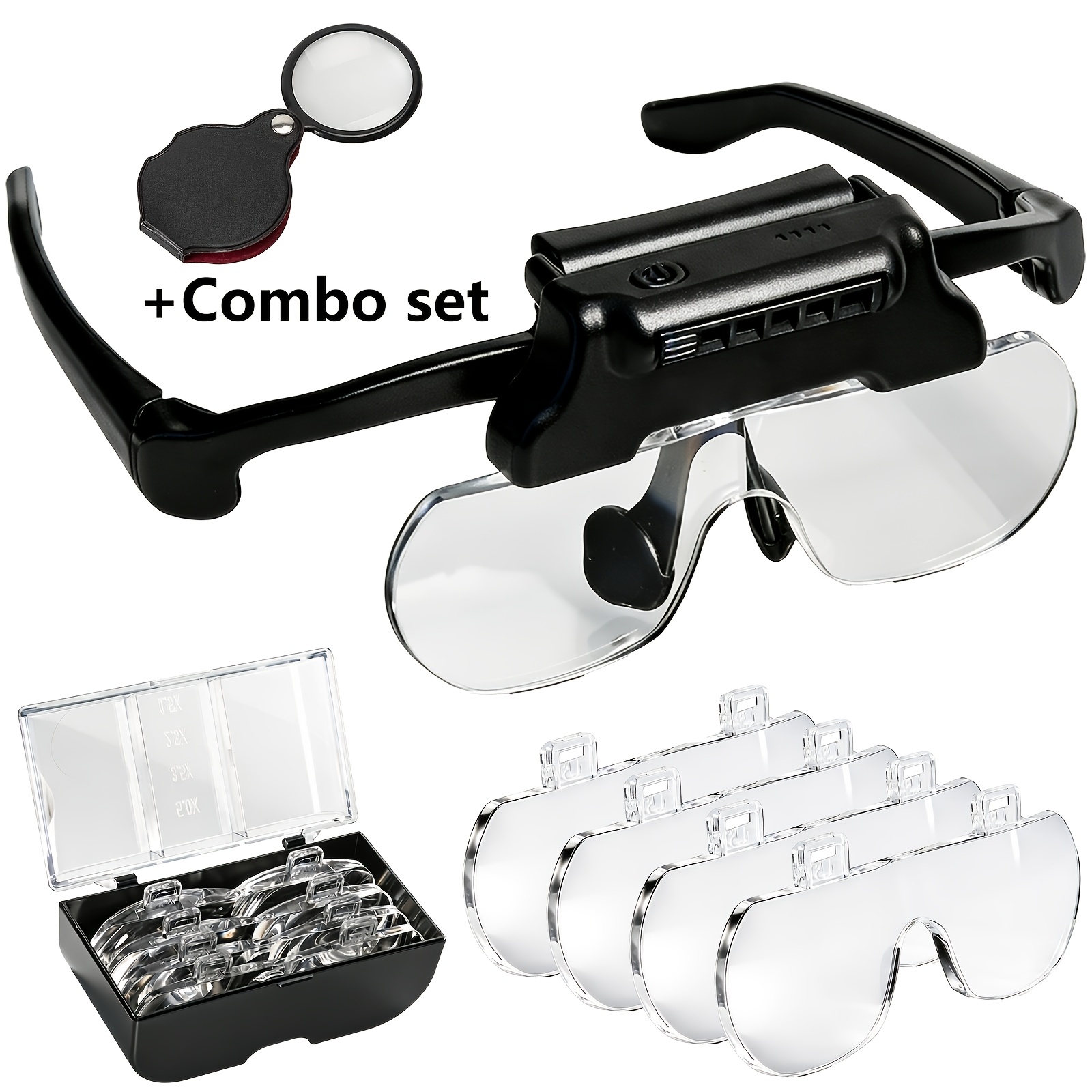 Eyeglass-style Led Magnifying Glass+ Mini Folding Magnifier Set (2-pack), 1.5x-5x Magnification, With 4 Interchangeable Lenses; Ideal For Reading, Watch Repair, Crafts, And Engraving