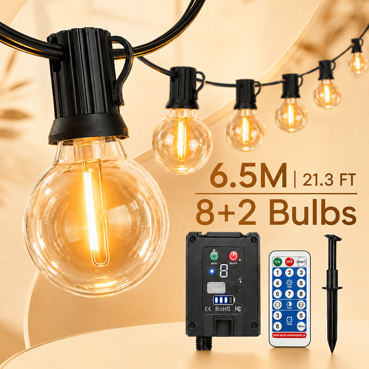 Image of Led G40 Solar String Lights With Remote Control 8 Lighting Dimmable Brightness Timer Function Ip44, Outdoor Garden Fairy Lights For Christmas Wedding Home Decor