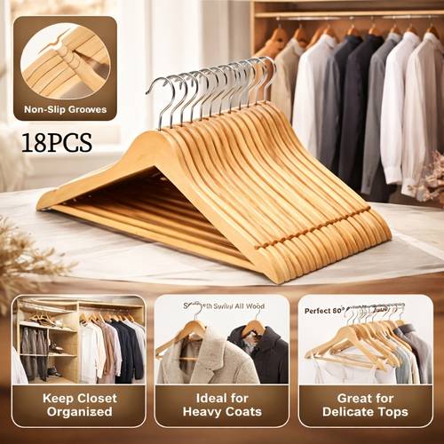 18 Wooden Hangers, Coat Hangers, 360° Steel Swivel Hook, Trouser Hangers, Shoulder , Adult Hangers, , Sturdy Hardwood Hangers, Suitable for Coats, Jackets, Suits, Trousers, High-End Non-Slip Wooden Hangers