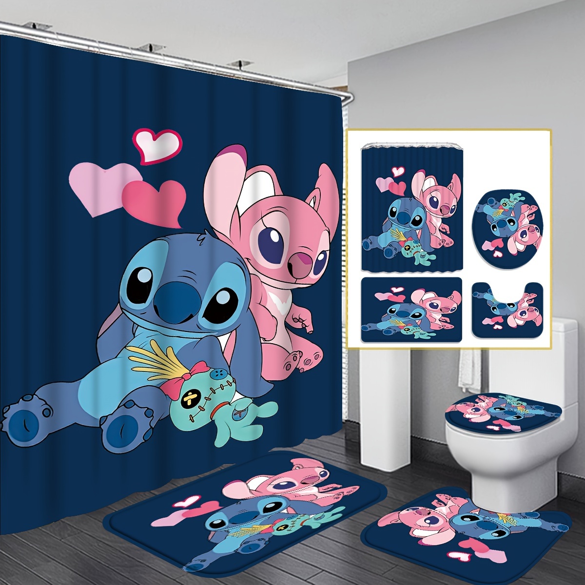 

1/4pcs Disney Stitch Cartoon Pattern Shower Curtain Set, Waterproof Shower Curtain With 12 Hooks, Non-slip Bath Mat, U-shaped Toilet Mat, Toilet Mat, Bathroom Decor Accessories