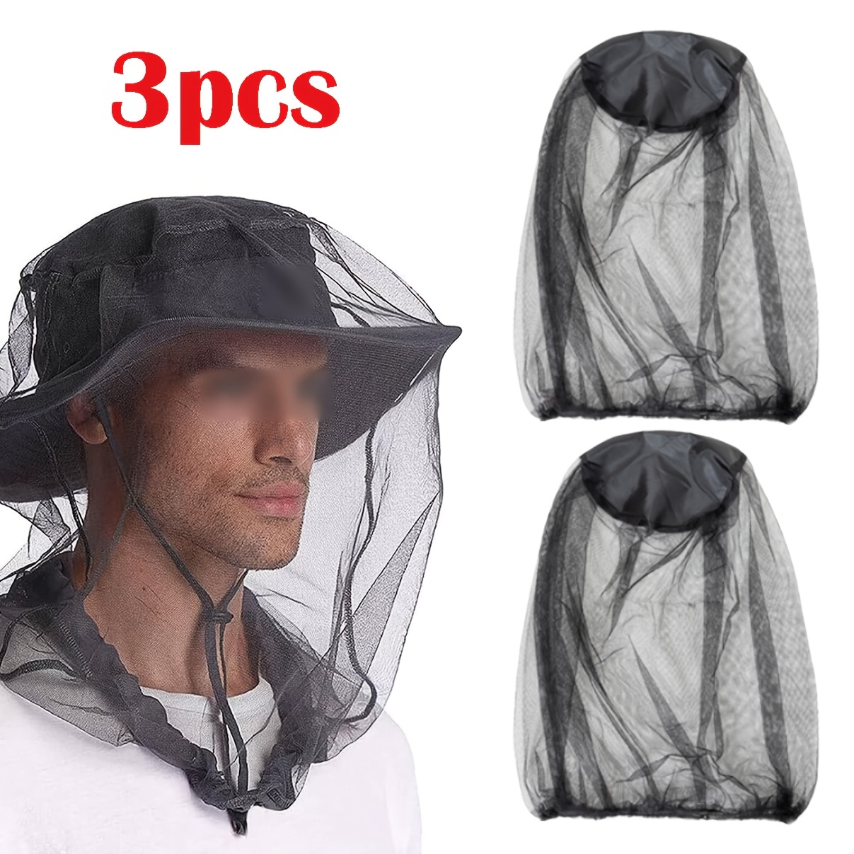 TEMU 3pcs Set Large Size Black Net Face Mask Fine Mesh Breathable Net Cover With Hat Adult Outdoor Fishing Camping Hiking Universal Black Green