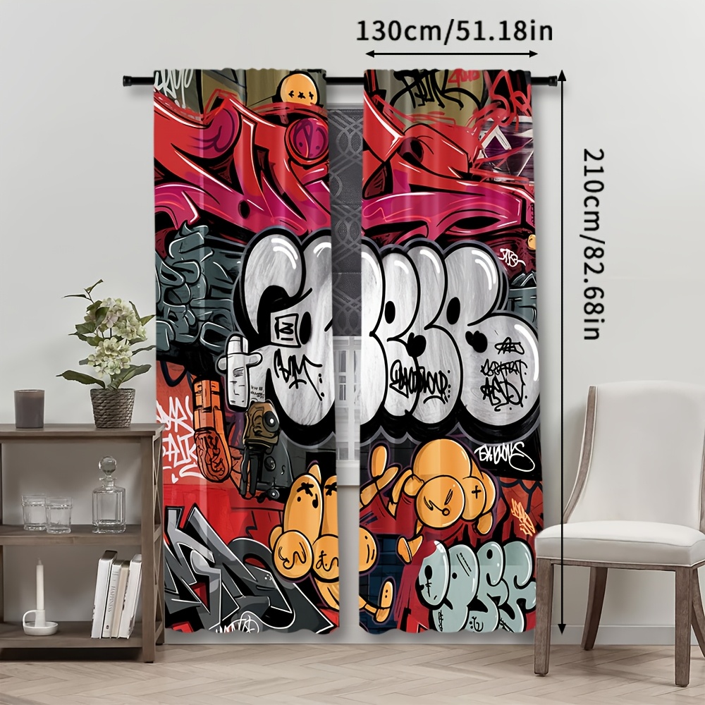TEMU Set Of 2, Black And Red Graffiti Curtains For Street Art, Contemporary Rod , Ideal For Bedroom, Living Room, Study, And Home Decor