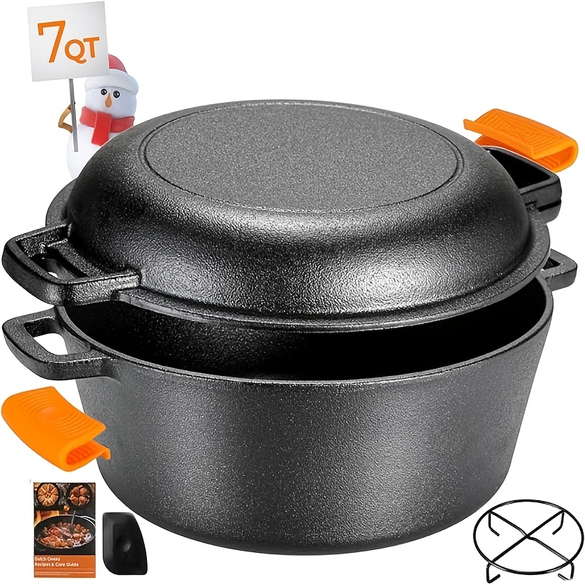 

Dutch Oven Set: 5.1 Quart Cast Iron Pot & 1.9 Quart Convertible Lid ( As ), Complete With Silicone Handles & Iron Stand - Suitable For Oven, Stovetop, Bbq, Grill, & Campfire Cooking