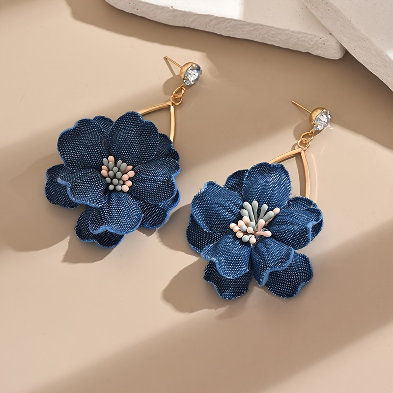 Trendy Geometric Three-dimensional Fabric Denim Flower Earrings