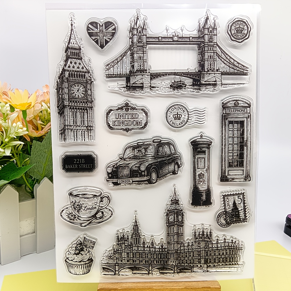 TEMU 1pc 150 X 200MM Tampons Transparents Vintage de Voyage pour la Création de Cartes, Fond de Bâtiments Rétro, Transparent Adapté aux Outils de