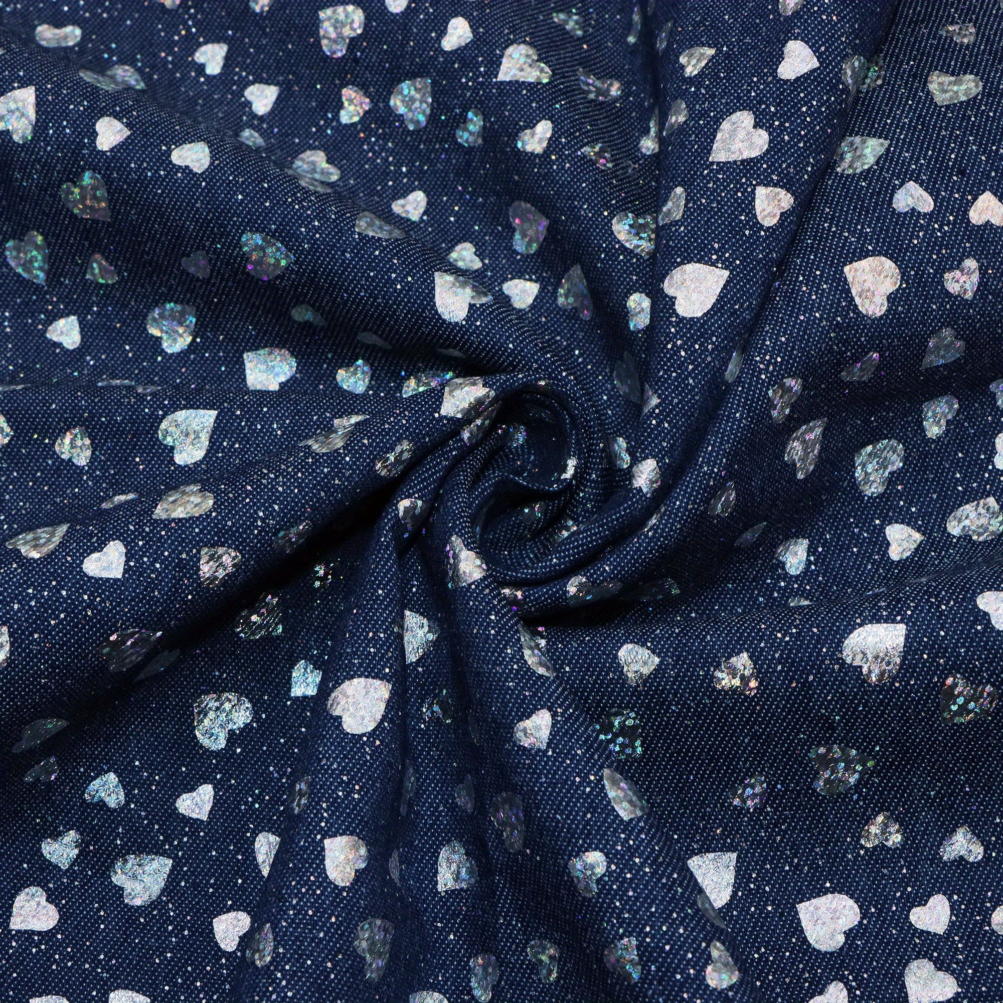Image of 17.68*59in Silvery Hot Stamping Laser Heart Denim Fabric For Sewing Crafting, Pre-washed Denim Material Fabric Precut, Suitable For Costume Tablecloth Diy Sewing Craft Material
