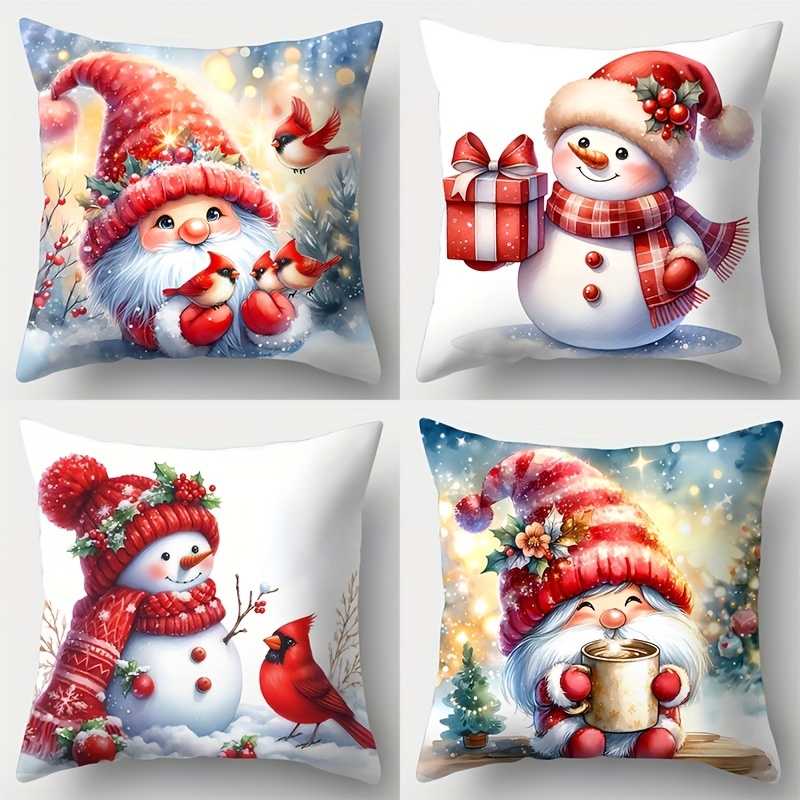 

4pcs Christmas , Contemporary , Red-hatted Santa & Snowman , 17.7x17.7 , -sided , , , , Decor Cushion (inserts Not Included)