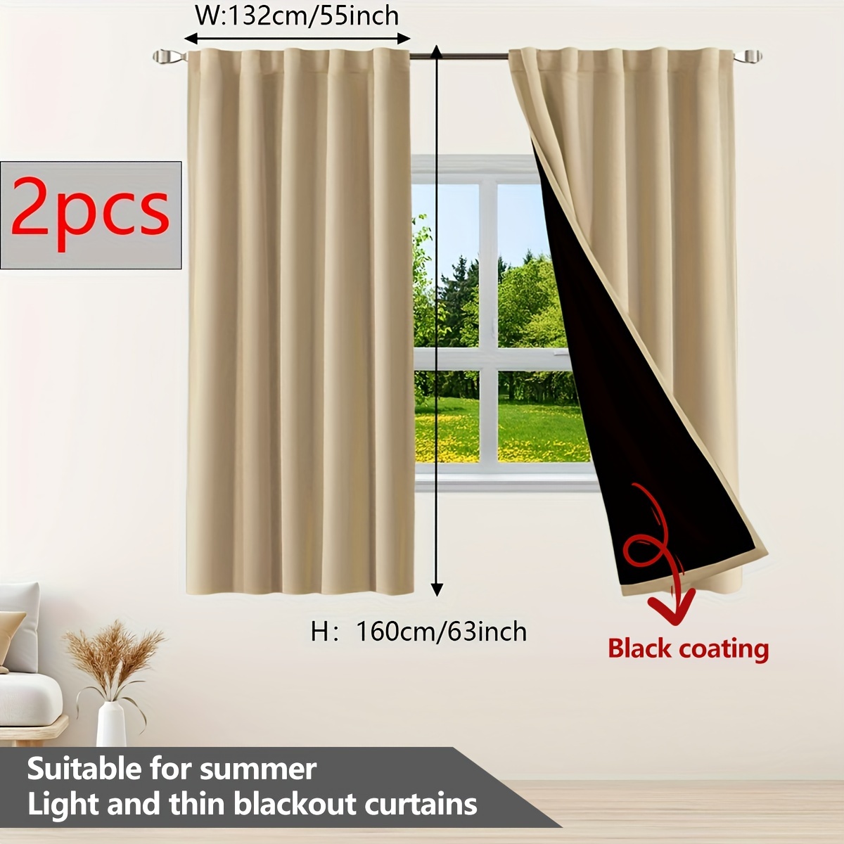 TEMU 2pcs Blackout Curtains - 2-, Beige & Black, Thermal Insulation, Noise Reduction, Living Room, Bedroom, Dining Area, Study, Bay Window, Balcony Decor, Curtains For Living Room