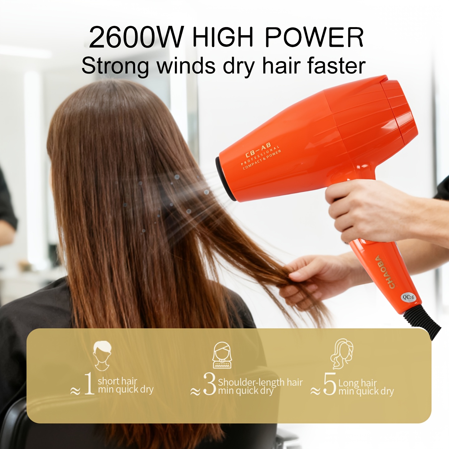 kohteen kuva    -ampumakauppa ammattimainen korkeatehoinen hiustenkuivaaja 2600w tehokas hiussalonki hiustenkuivaaja harjaton moottori kylmä ja     kotitalous hiustenkuivaaja 2 keräilytulppaa, 3,5 m pitkä virtajohto, pieni   ja kevyt muotoilu